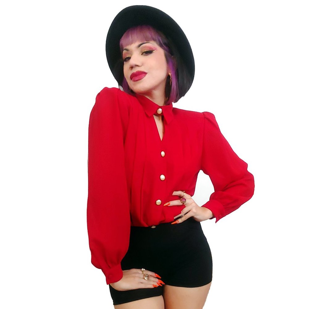 Vintage 80s Deco Bright Red Pleated Top